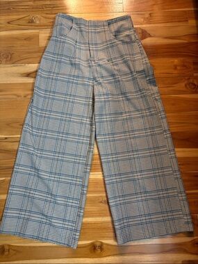 Wide Leg Plaid Trousers in Tan and Blue